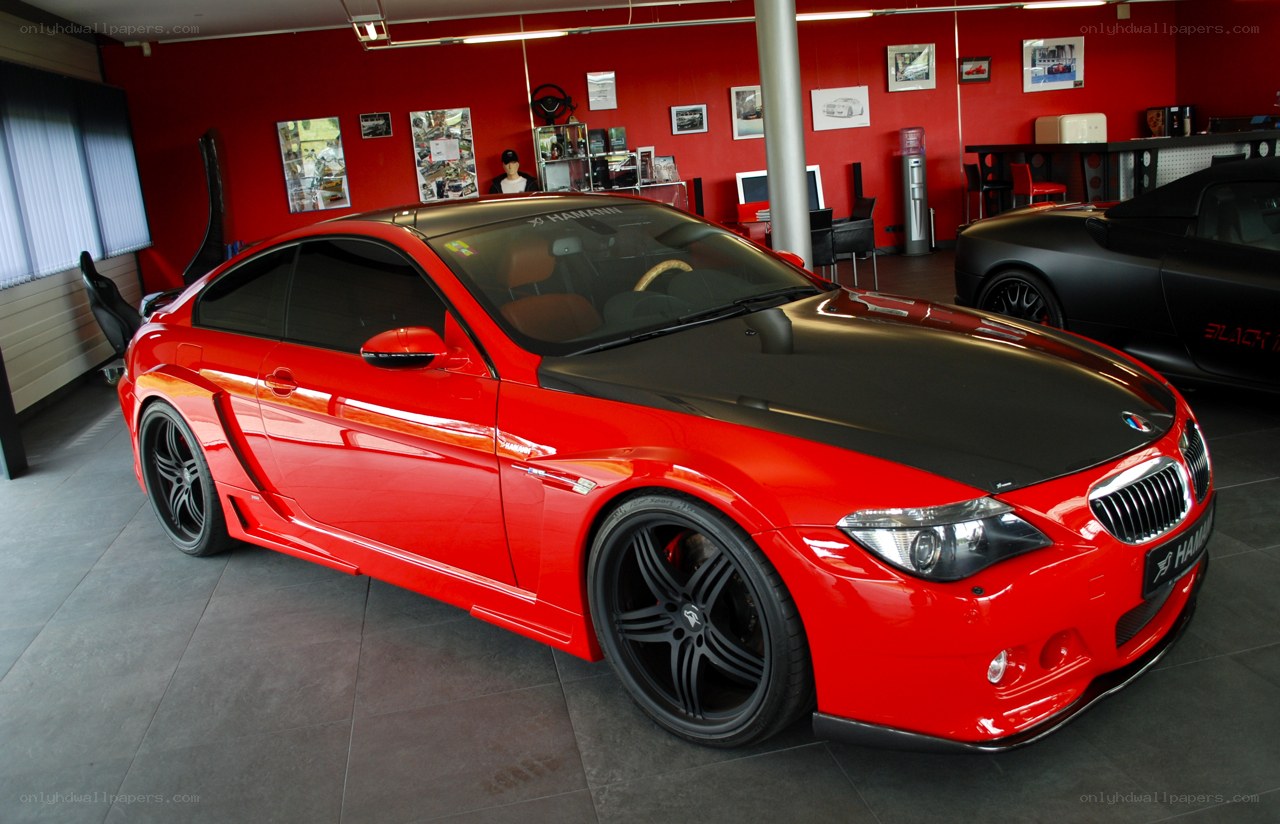 Red modified BMW in showroom