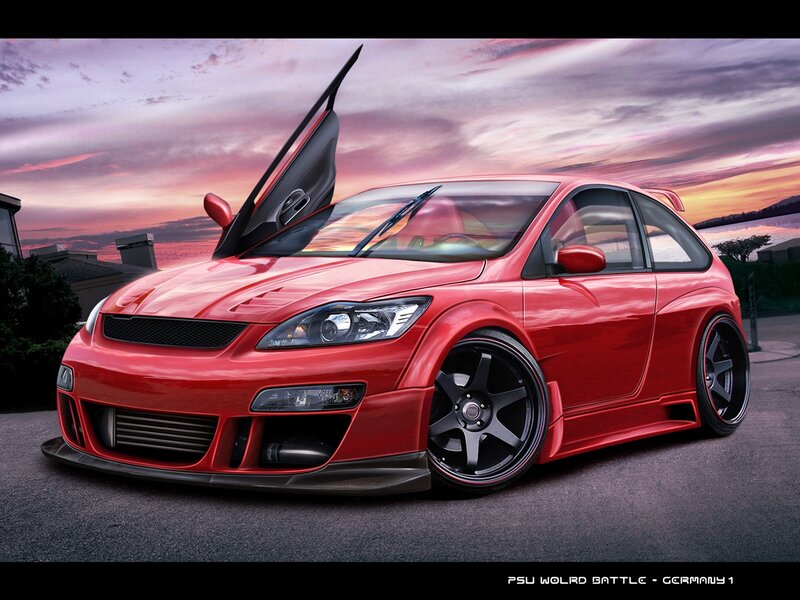 Red modified car at sunset