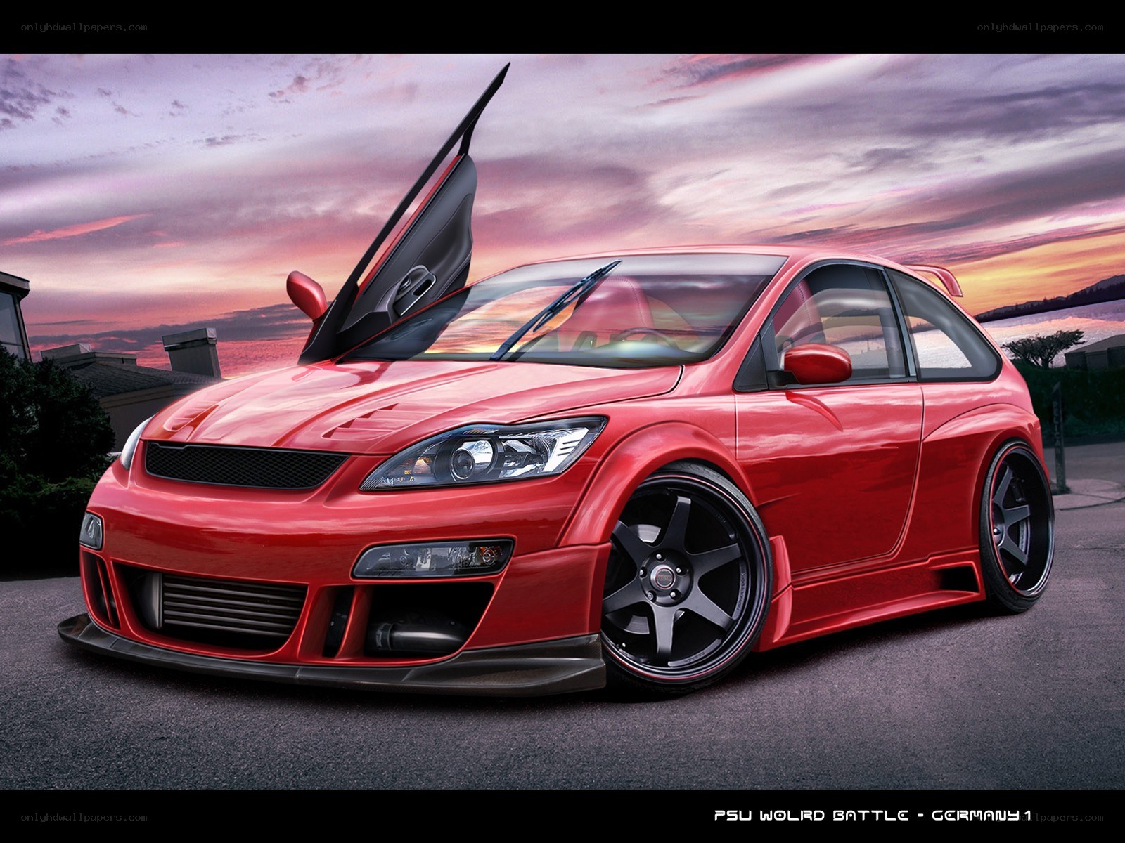 Red modified car at sunset