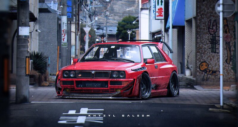 Red Modified Car — Dramatic, Afternoon, Digital Art, Street