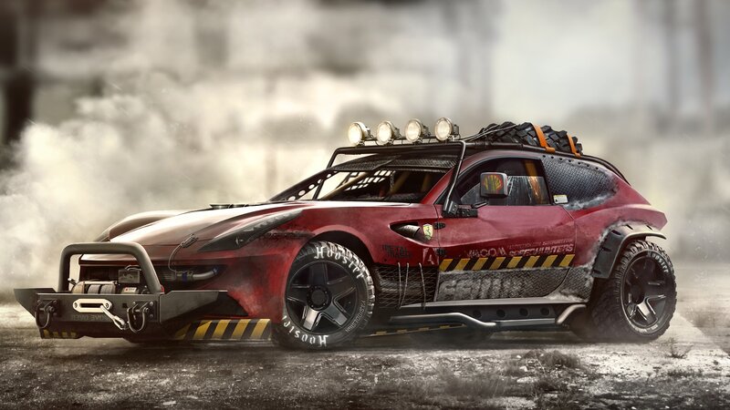 Red Modified Car — Dramatic, Digital Art, Smoke, Tires, Lights