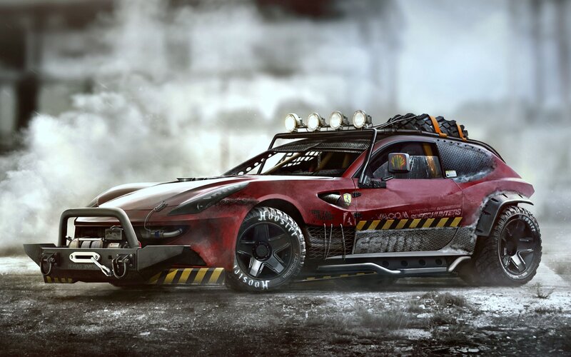 Red Modified Car — Dramatic, Digital Art, Smoke, Tires