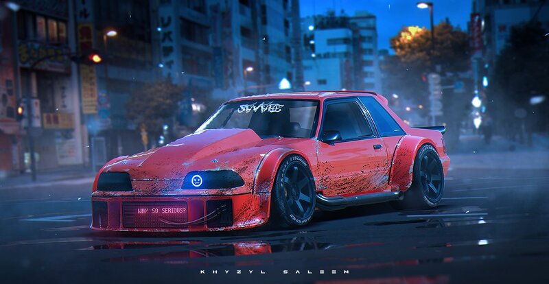Red Modified Car — Dramatic, Night, Digital Art, City Street, Buildings