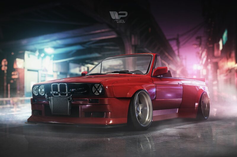 Red Modified Car — Dramatic, Night, Digital Art, City Street, Lights