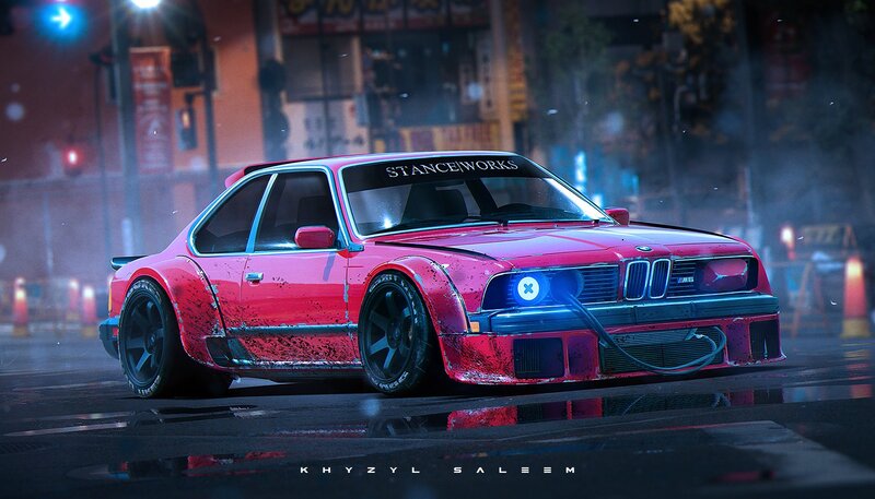 Red Modified Car — Dramatic, Night, Digital Art, City Street