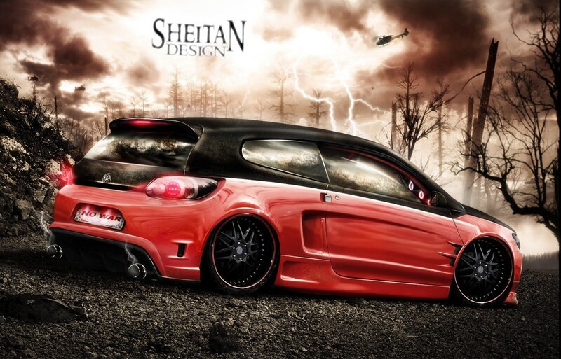 Red Modified Car — Dramatic, Night, Digital Art, Helicopter