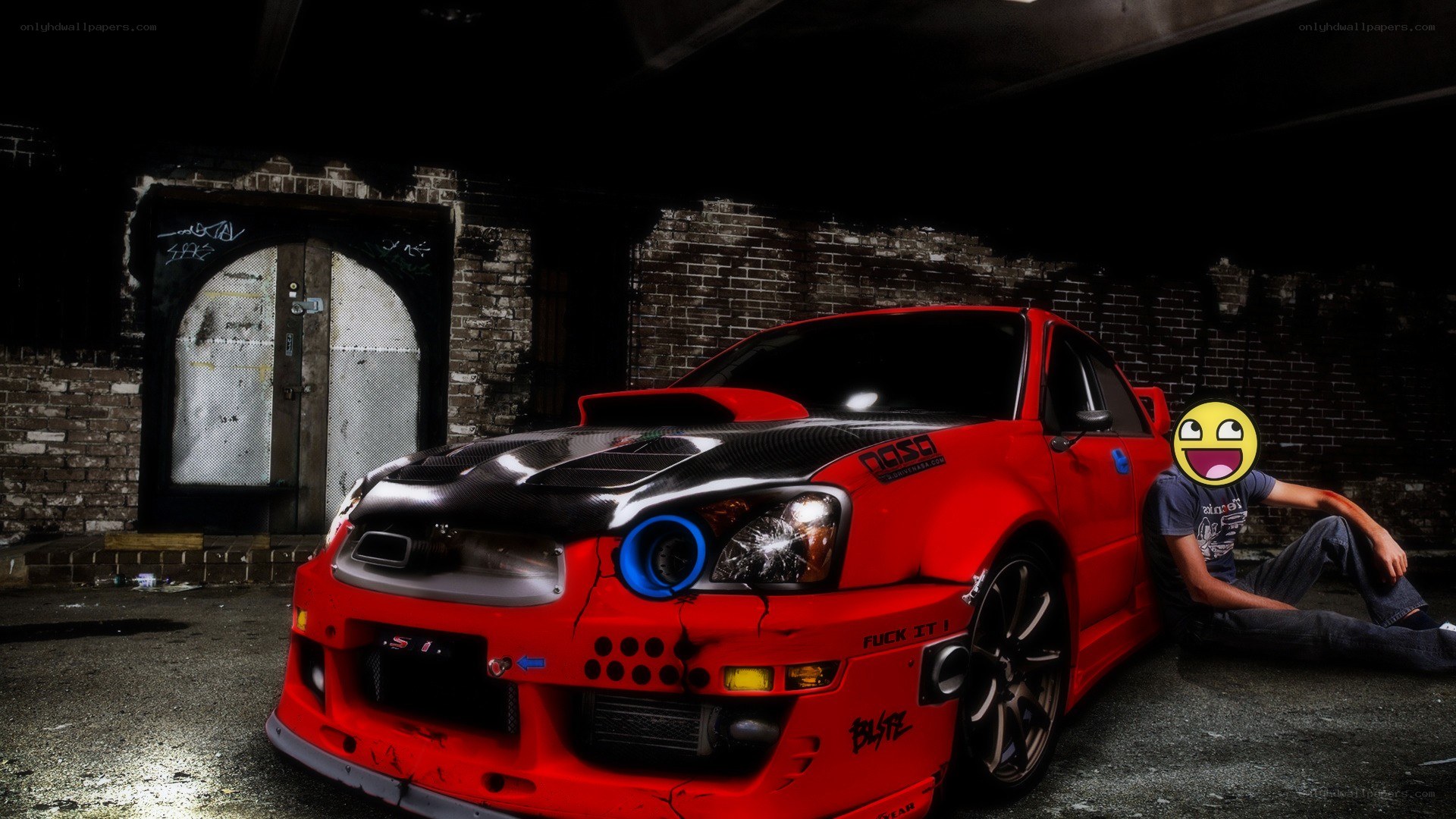red modified car in garage