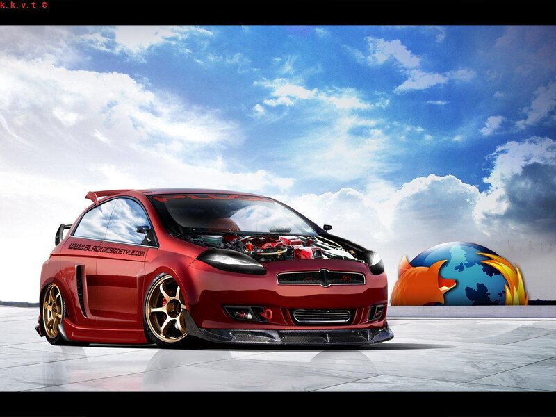 Red modified car with open hood