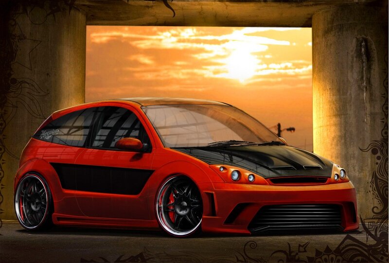 Red Modified Hatchback — Dramatic, Sunset, Digital Art