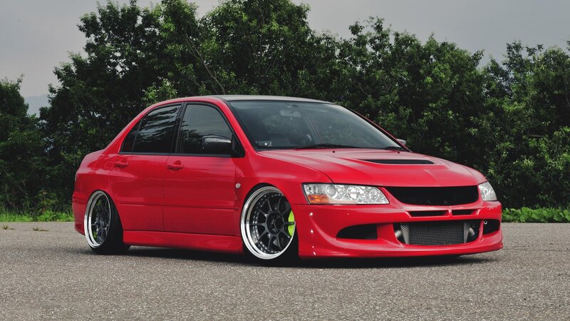 Red Modified Sedan — Calm, Photograph, Trees, Asphalt