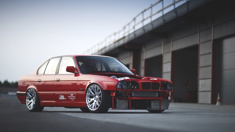 Red Modified Sedan — Dramatic, Afternoon
