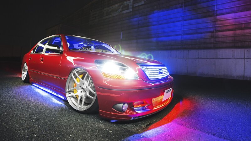 Red Modified Sedan — Dramatic, Night, Photograph, Car, Lights