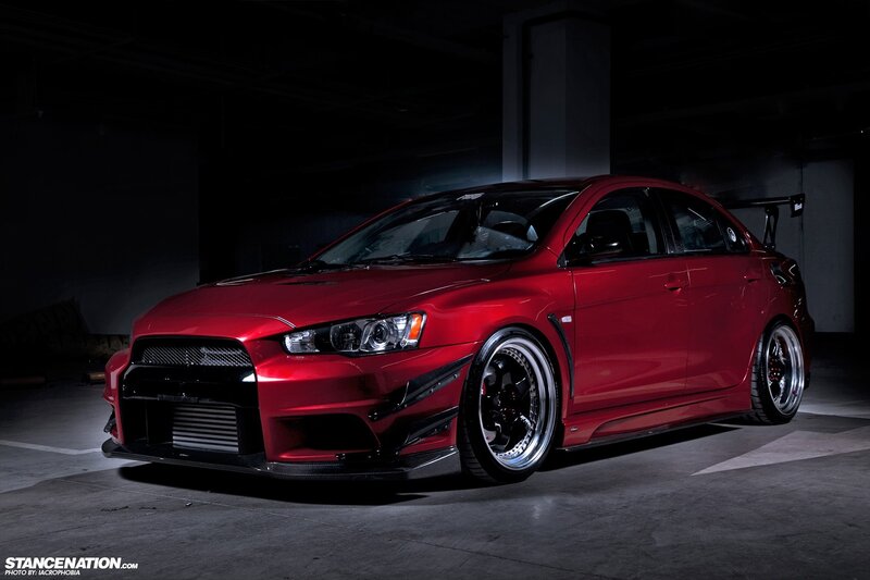 Red Modified Sedan — Dramatic, Night, Photograph, Tire, Wheel, Spoiler