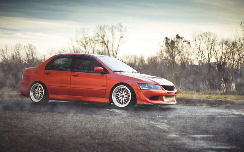 Red Modified Sedan — Dramatic, Sunset, Photograph