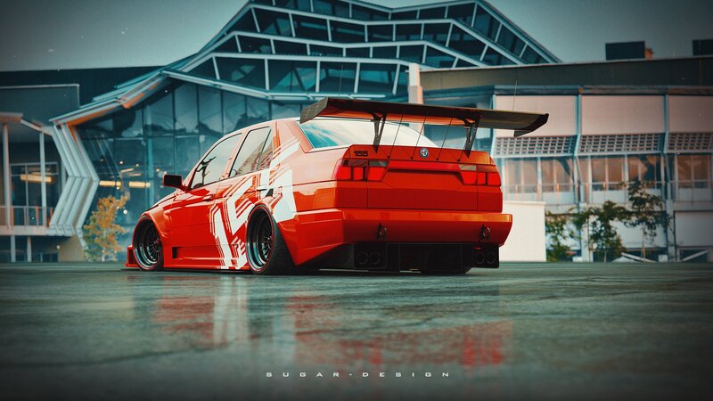 Red Modified Sedan — Dramatic, Sunset