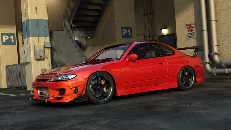 Red Modified Sports Car — Dramatic, 3d Render, Staircase, Parking Sign