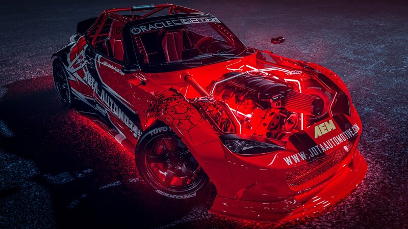 Red Modified Sports Car — Dramatic, Night, Photograph, Engine