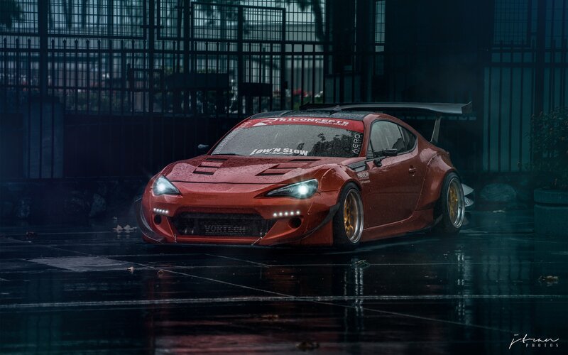 Red Modified Sports Car — Dramatic, Night, Photograph