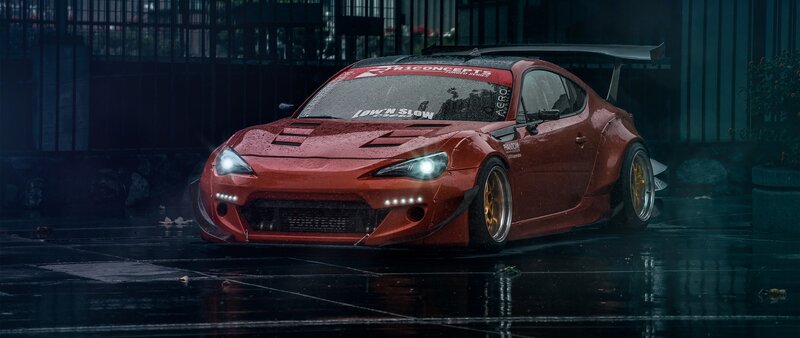Red Modified Sports Car — Dramatic, Night, Photograph, Wet Pavement