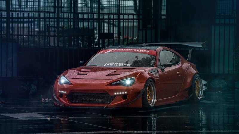 Red Modified Sports Car — Dramatic, Night