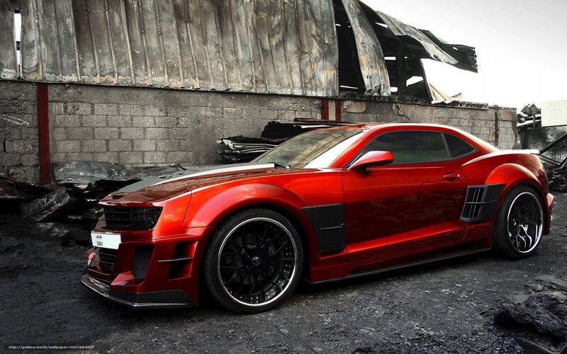 Red Modified Sports Car — Dramatic, Photograph, Burnt Building