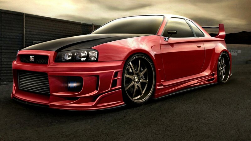 Red Modified Sports Car — Dramatic, Sunset, Digital Art, Tire