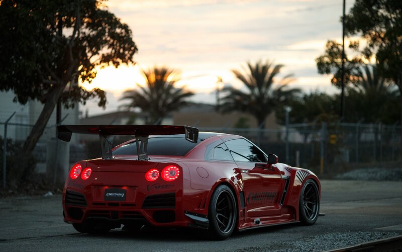 Red Modified Sports Car — Dramatic, Sunset, Photograph, Trees