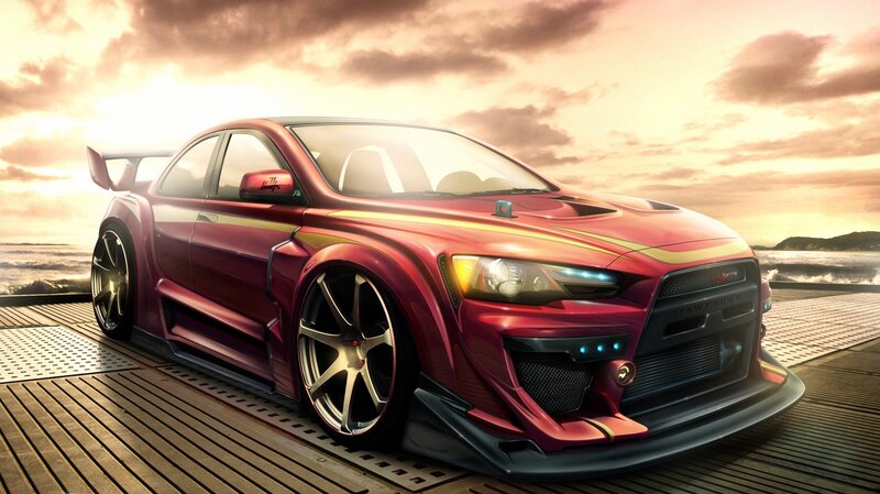 Red Modified Sports Car — Dramatic, Sunset