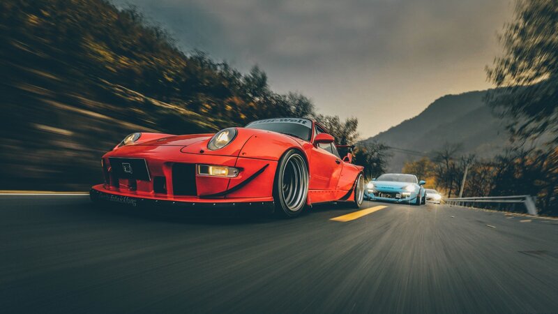 Red Modified Sports Car — Dynamic, Sunset