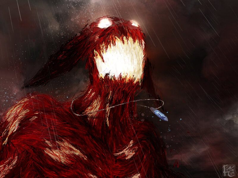 Red Monster in Rain — Dramatic