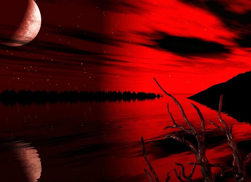 Red moon over alien lake