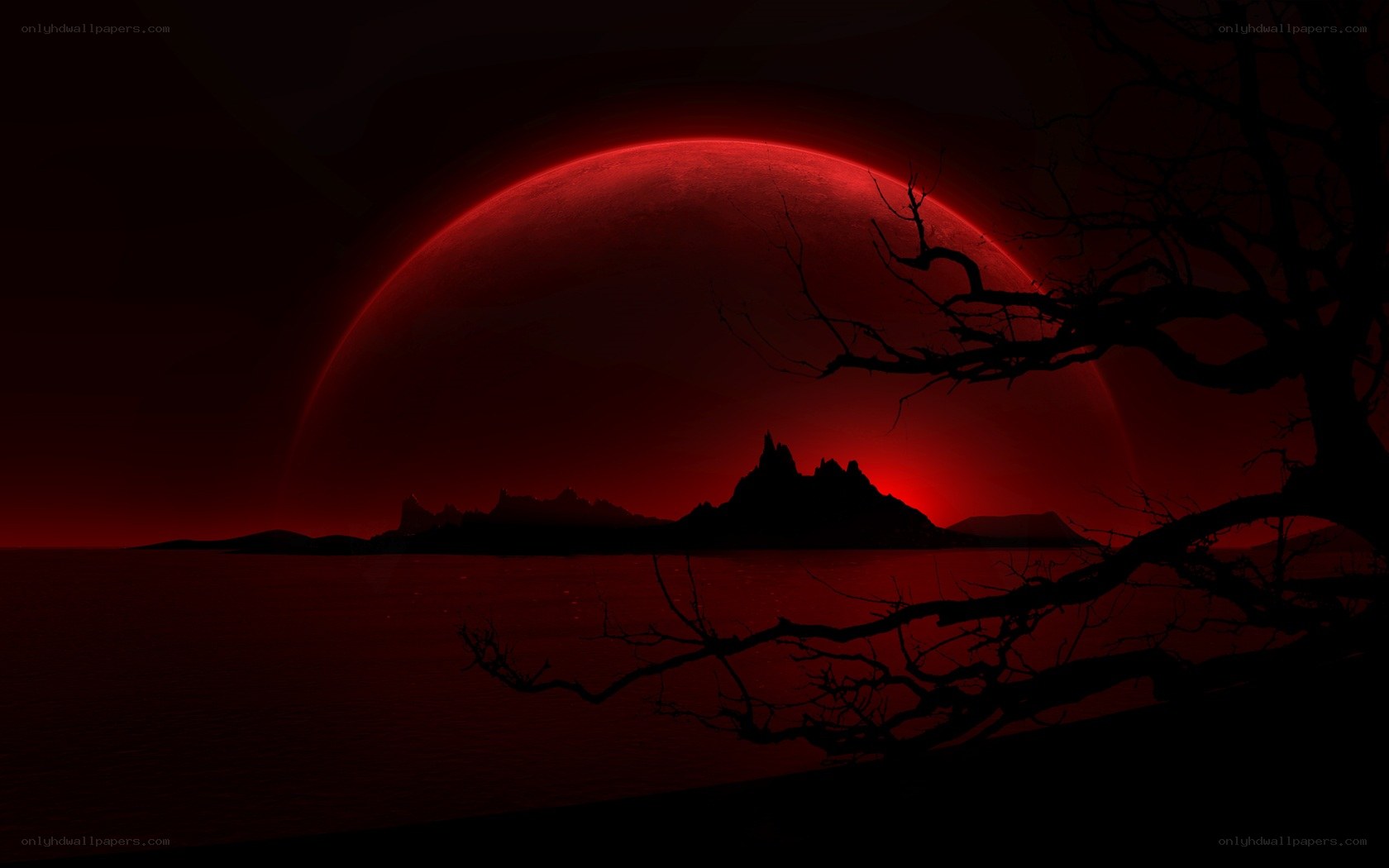Red moon over alien landscape