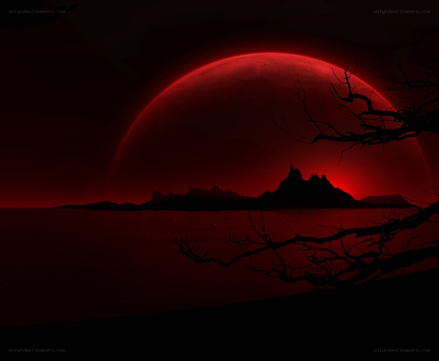 Red moon over alien landscape