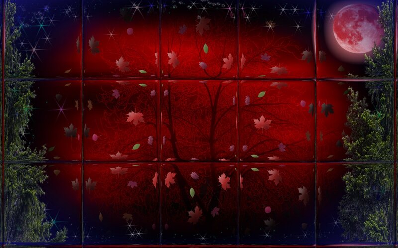 Red Moon over Autumn Trees