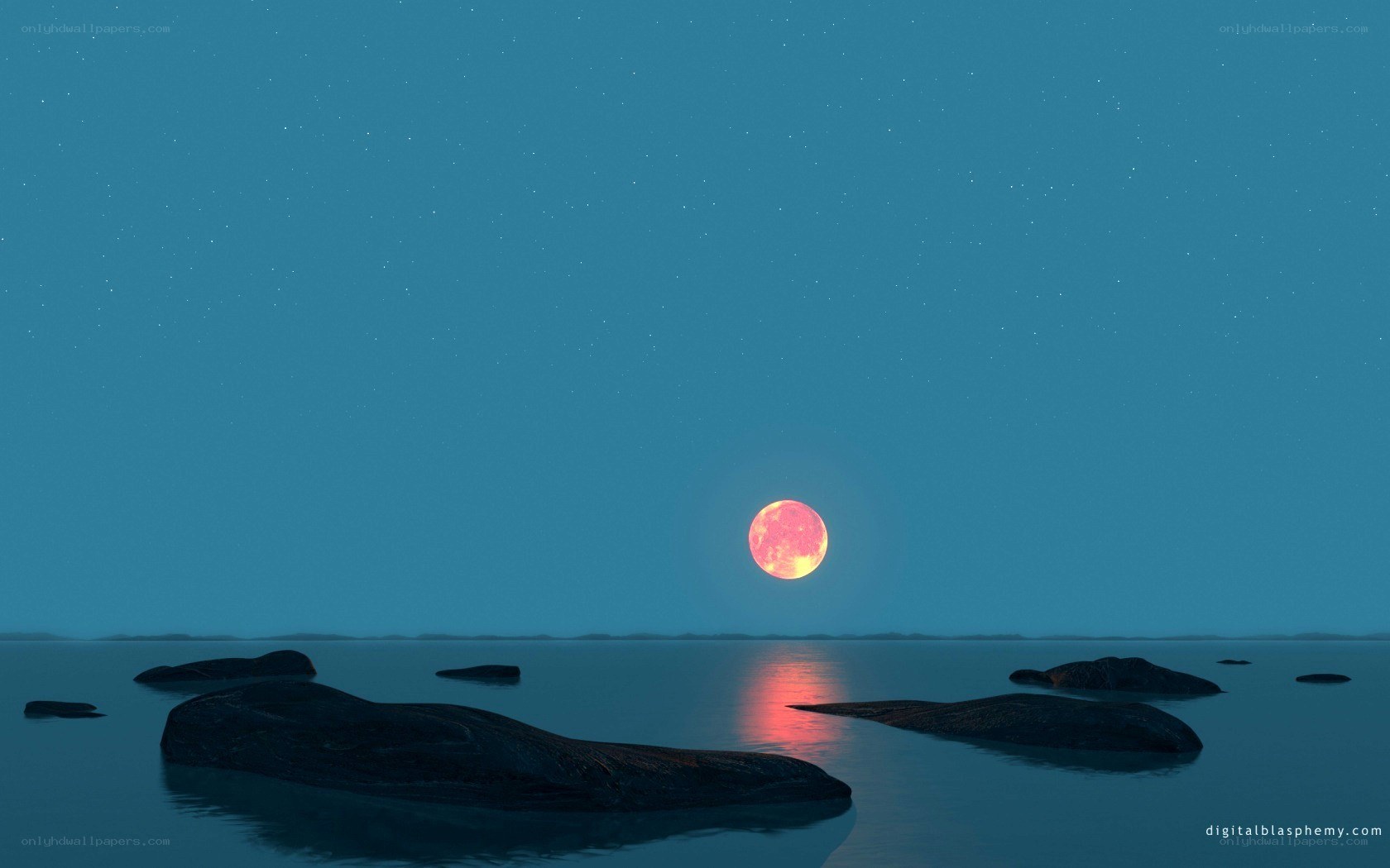 Red moon over calm sea