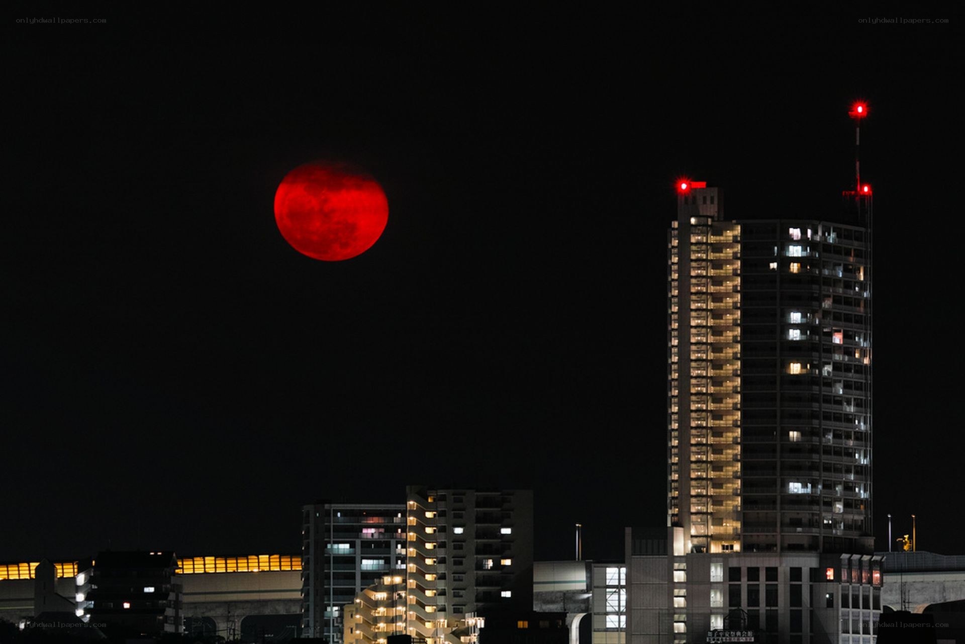 Red moon over city skyline