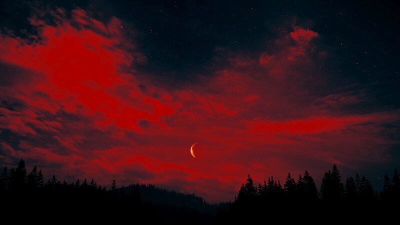 Red Moon over Forest — Dramatic, Night