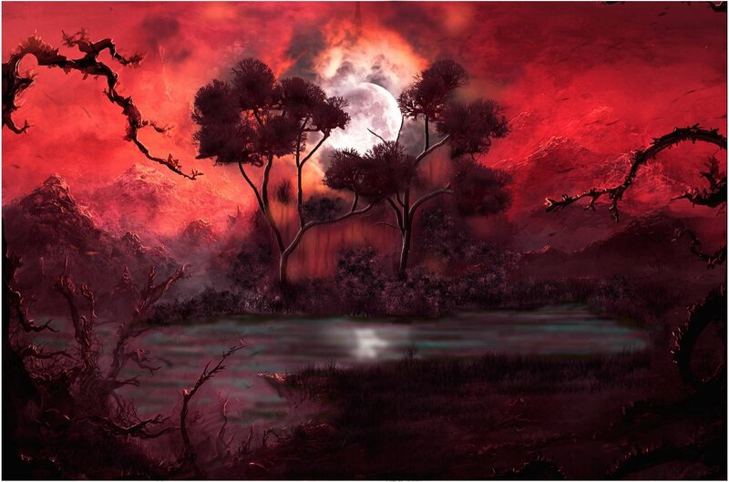 Red Moon over Lake — Dramatic