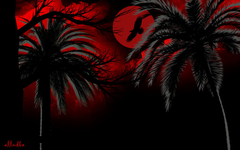 Red moon over palm trees