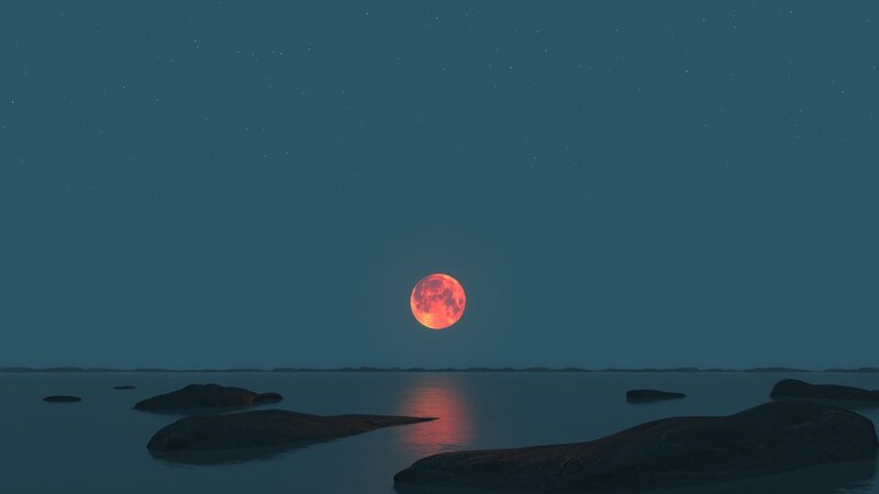 Red Moon over Water — Blue, Serene, Night, 3d Render, Rocks