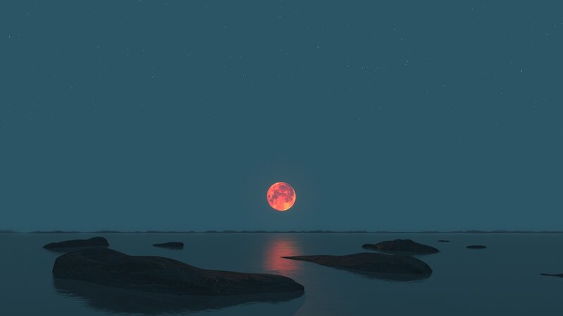 Red Moon over Water — Blue, Serene, Night, 3d Render