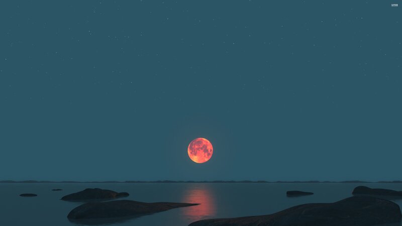 Red Moon over Water — Blue, Serene, Night, Digital Art