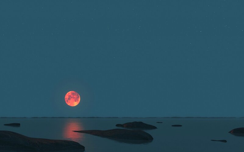 Red Moon over Water — Blue, Serene, Night