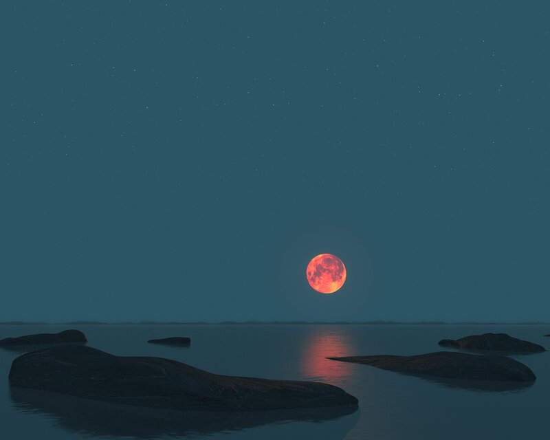 Red Moon over Water — Blue, Serene