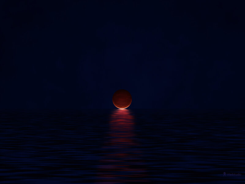 Red Moon over Water — Dark Blue