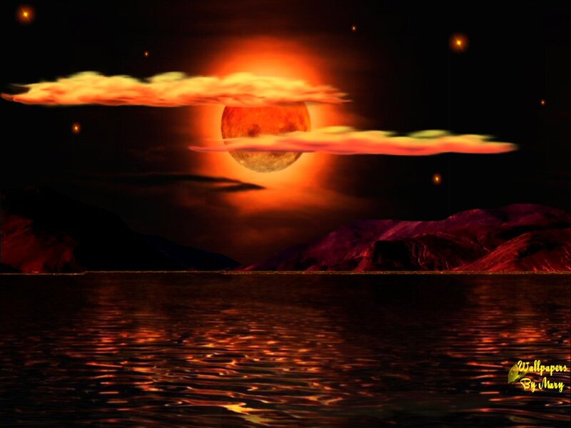 Red Moon over Water — Dramatic, Night, Digital Art