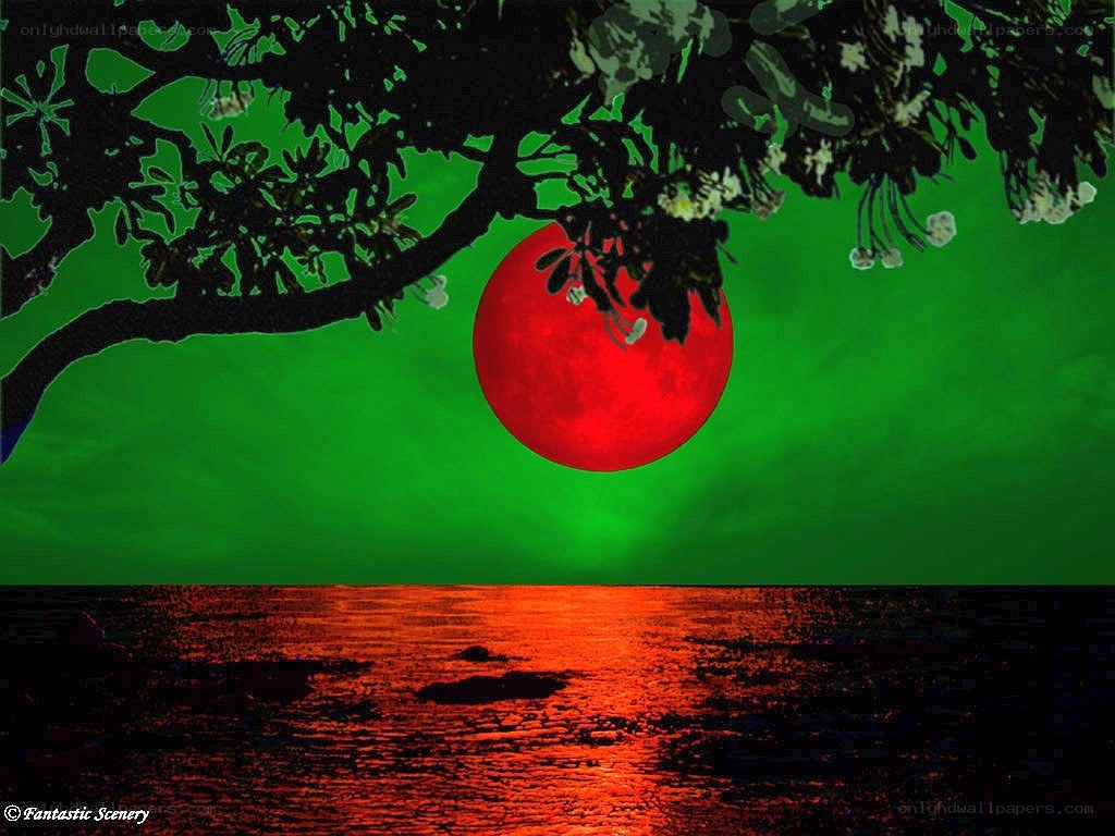 Red Moon Over Water
