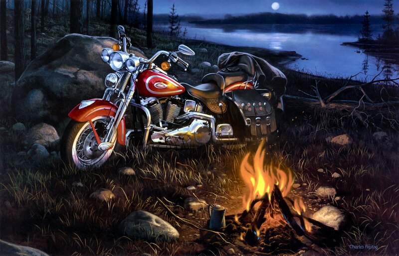 Red Motorcycle at Campsite — Serene, Night