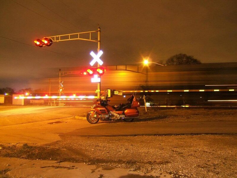 Red Motorcycle at Crossing