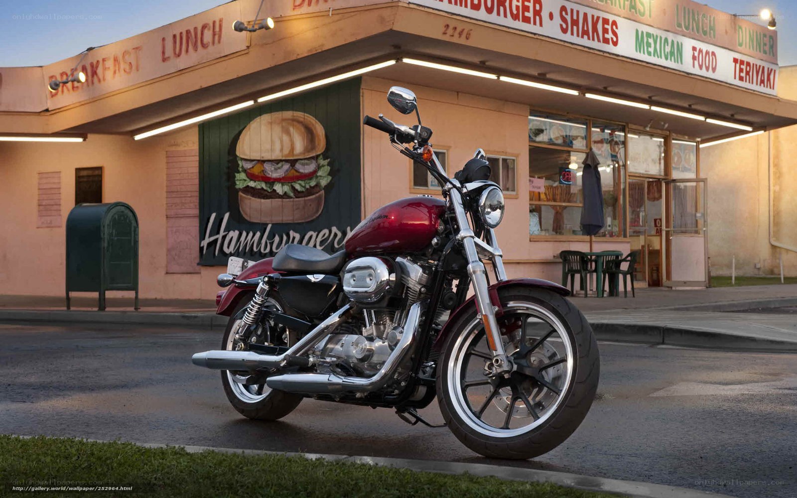 Red motorcycle at diner
